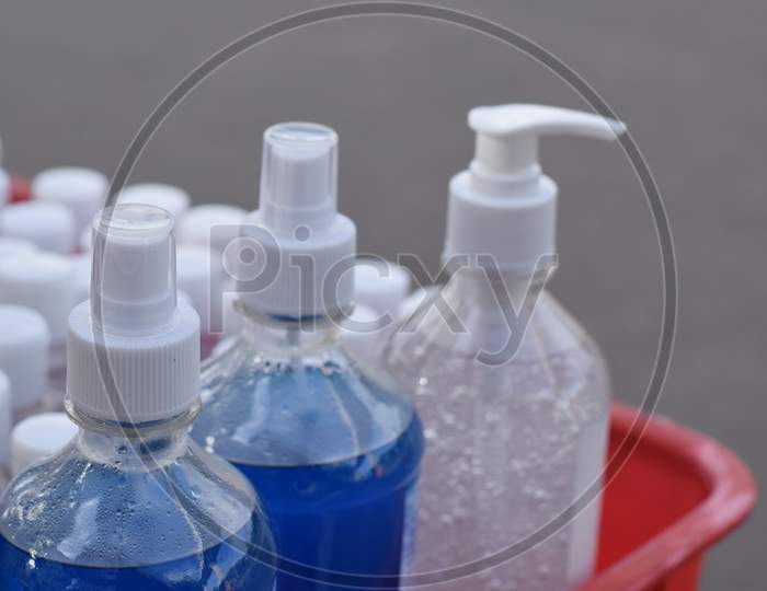hand sanitizer at road side, corona pandemic concept, sanitizers are ready for sells at outdoor