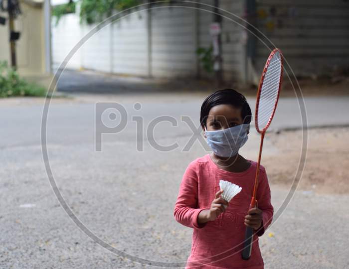 Hyderabad, Telangana, India. July-20-2020: Children'S Are Suffering About Corona Virus They Are Wearing Masks While Playing Games