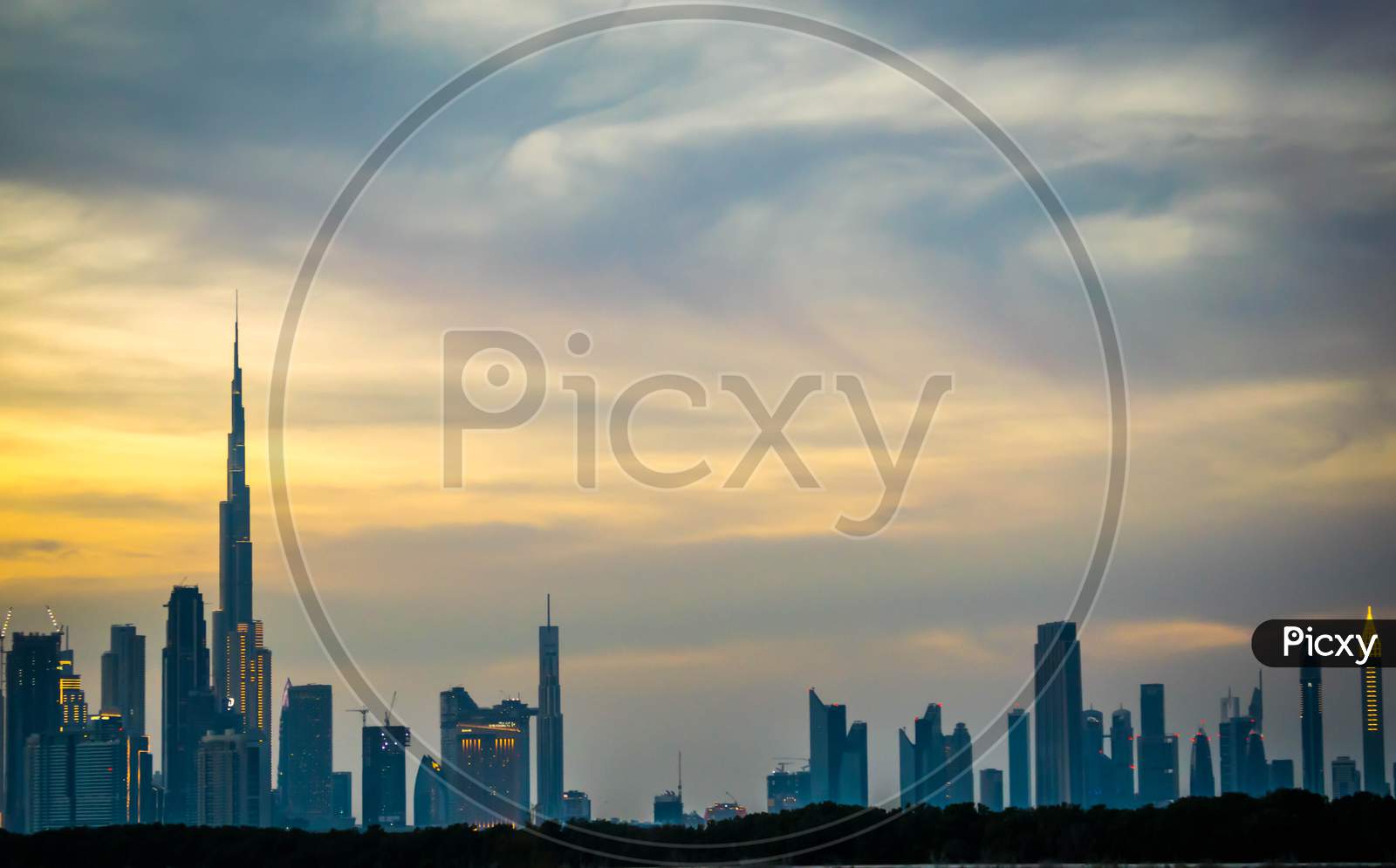 Unique View Of Dubai City From Las Al Khor Wildlife Sanctuary. During Sunset, Golden Hour, Busrj Khalifa,