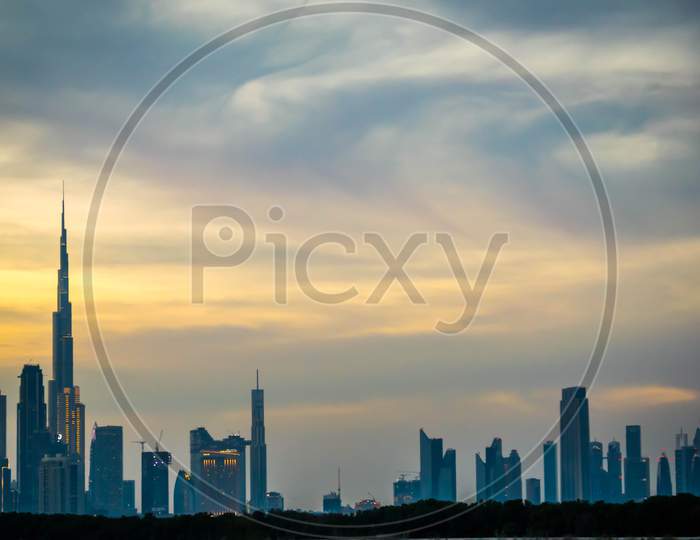 Unique View Of Dubai City From Las Al Khor Wildlife Sanctuary. During Sunset, Golden Hour, Busrj Khalifa,
