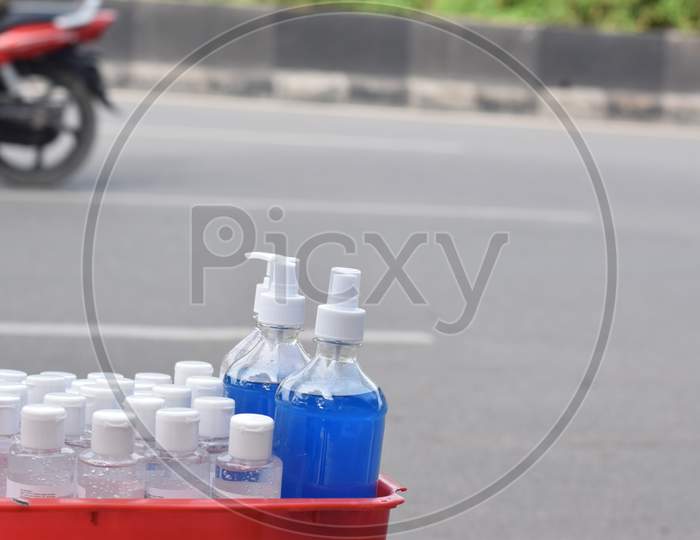 hand sanitizer at road side, corona pandemic concept, sanitizers are ready for sells at outdoor
