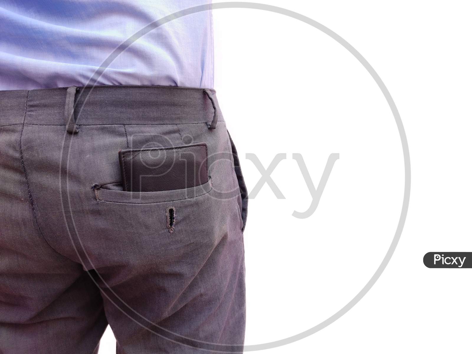 Close up man kept his wallet money in the back pocket of pants. background wallpaper white