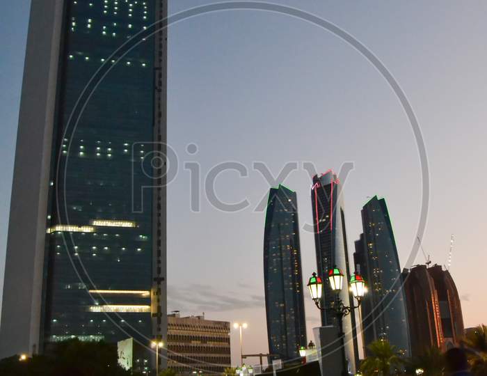 Vertical Sunset View Of Etihad Towers Abu Dhabi Taken From Marina Corniche Abu Dhabi,