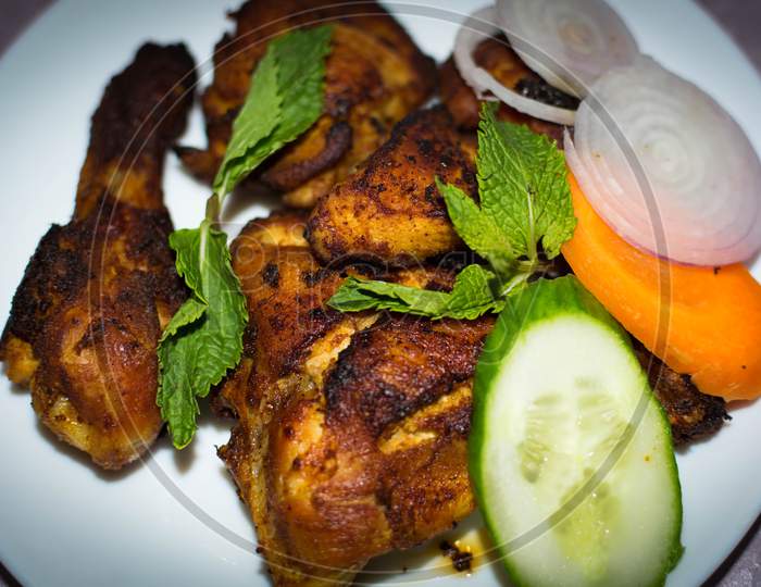 Kerala Traditional Chicken Fry With Hot Red Chilli And Sald