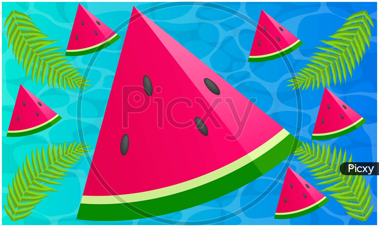 Sliced Watermelon With Leaves On Abstract Water Background