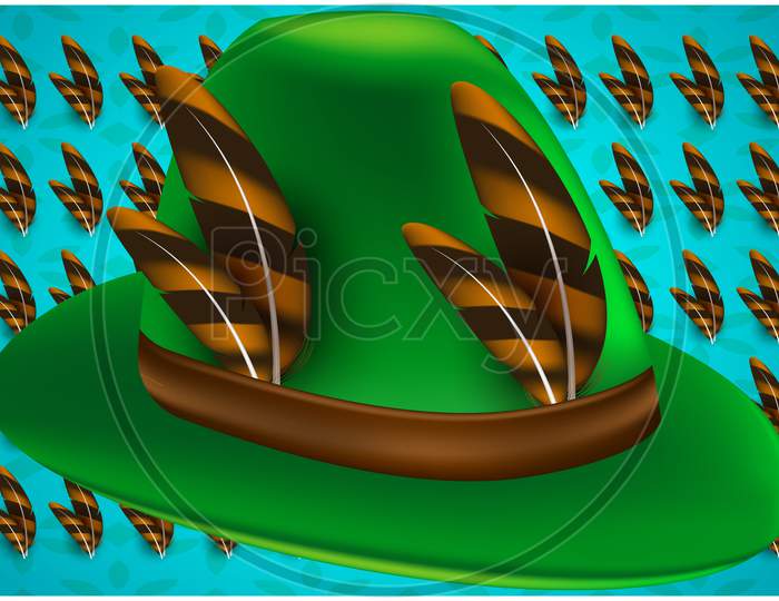 Green Hat With Digital Feather On Its Abstract Background