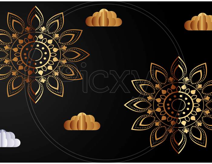 Digital Textile Design Of Gold Clouds With Flowers On Abstract Background