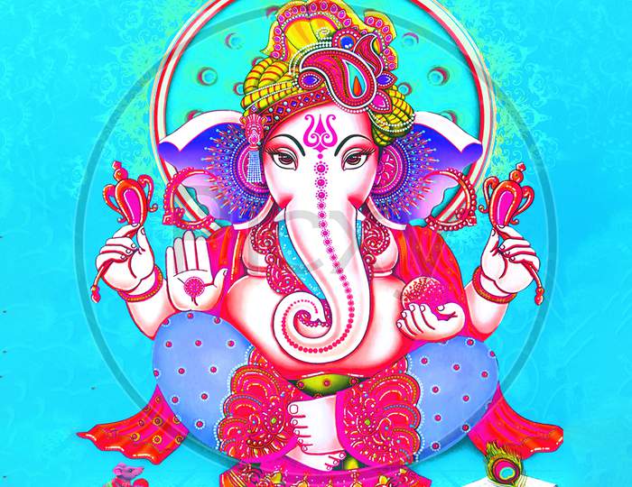 Giving Blessing Hindu God Ganesha With Blue Background Design.