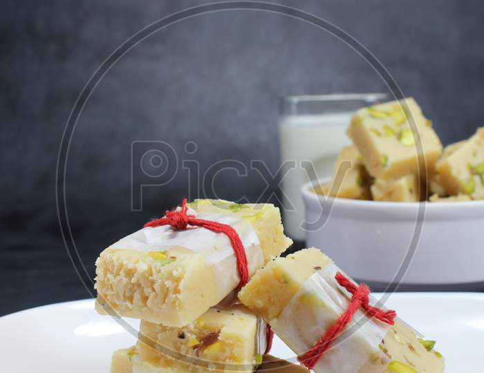 Indian sweet food milk burfi,mawa burfi or khoya burfi