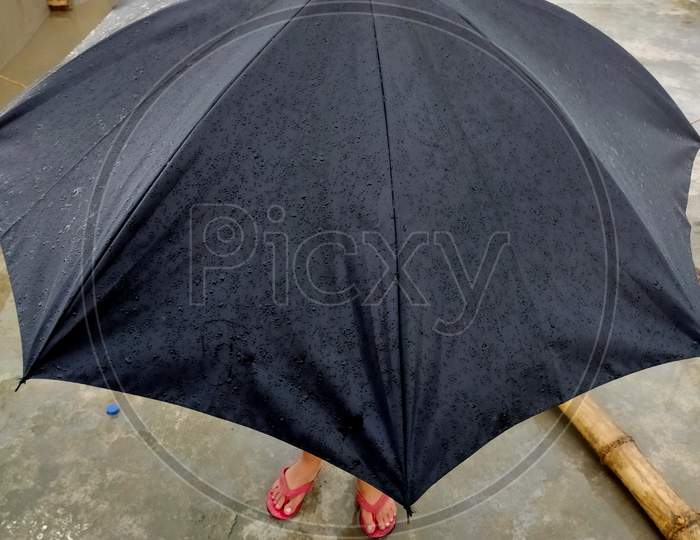 An Indian child enjoying monsoon season with umbrella