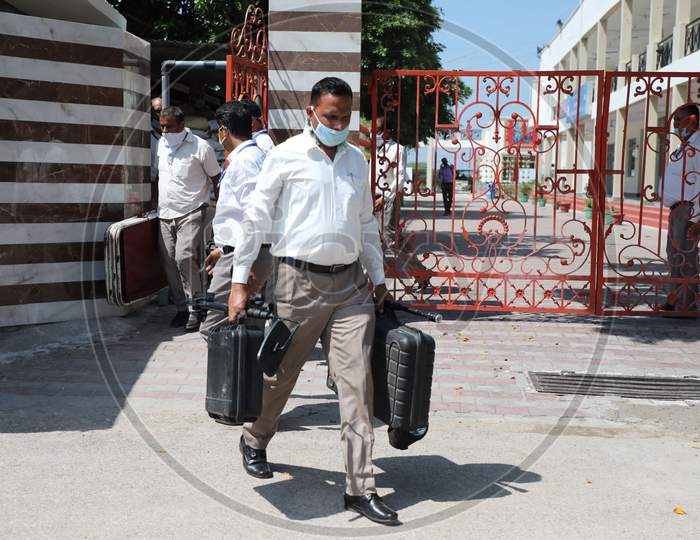 Jammu & Kashmir police personnel carry metal detectors from the Amarnath base camp as the annual pilgrimage got cancelled in the wake of the recent Coronavirus pandemic in Jammu on July 22, 2020