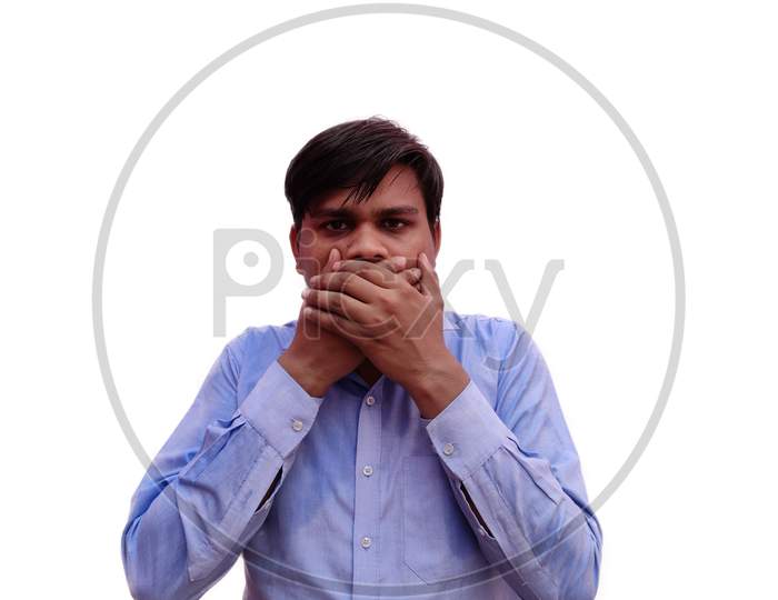 Emotional indian man keep his mouth closed by his hands Isolated on White background