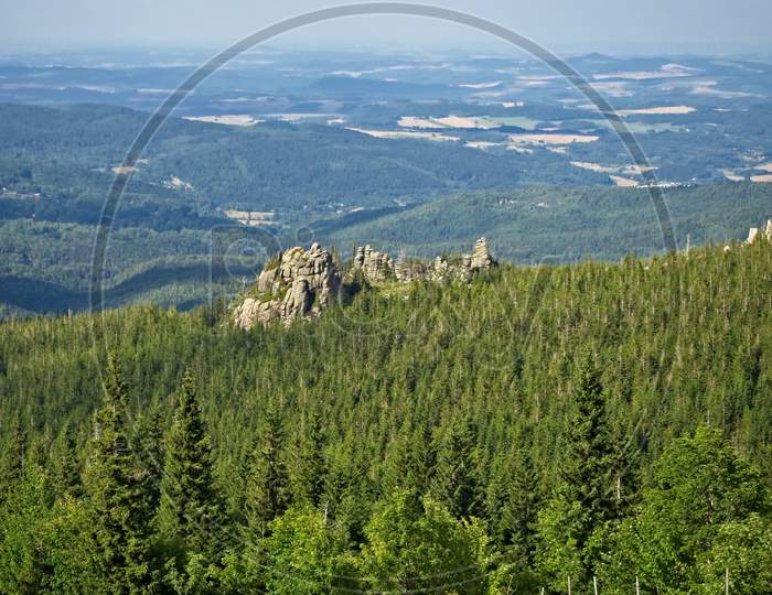 Panoramic View On Karkonosze Forest And Granite Rocks In National Park.