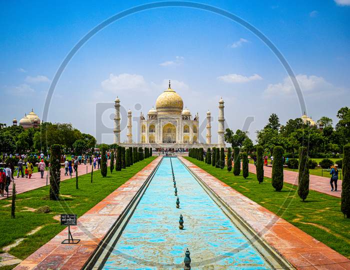 Taj Mahal full view during day time in Agra India, The Taj among 7 Wonders of the World view. Wonders, Agra