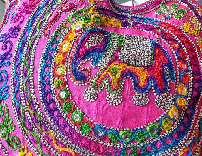 Mandi, Himachal Pradesh / India - 03 07 2020: Photo of colorful elephant designed handbag in the shop for sale