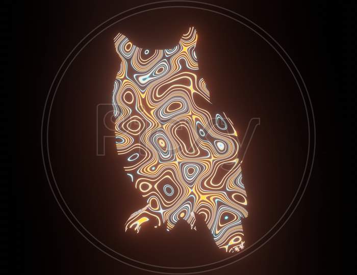 Illustration Graphic Of Beautiful Texture Or Pattern Formation On The Owl Body Shape, Isolated On Black Background. 3D Rendering Abstract Loop Neon Lighting Effect On Owl Bird.