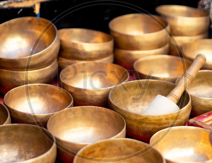 Brass Singing Musical Bowls Placed In A Shop In Mcleodganj Himachal Pradesh