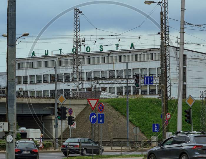 Riga Central Buss Station Building, Word Sign With Green Letters