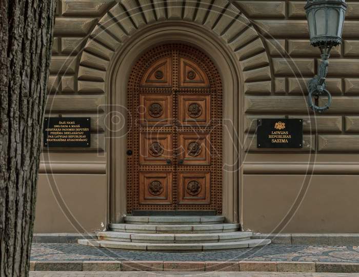Latvian Republic Politician Building Entrie Wood Door