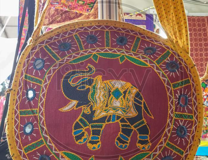 Mandi, Himachal Pradesh / India - 03 07 2020: Photo of elephant designed handbag hanging in the shop for sale