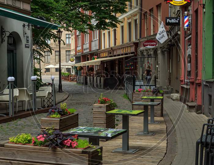 Old Riga City Tiny Pavement Street Outdoor Cafe