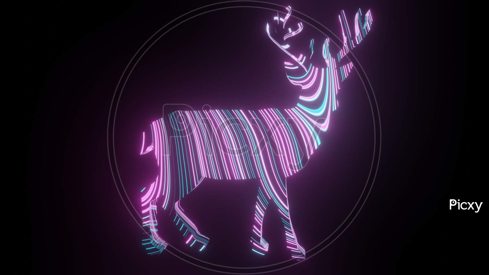 Illustration Graphic Of Beautiful Colorful Line Texture Or Pattern Formation On The Deer Body Shape, Isolated On Black Background. 3D Rendering Abstract Loop Neon Lighting Effect On Reindeer.