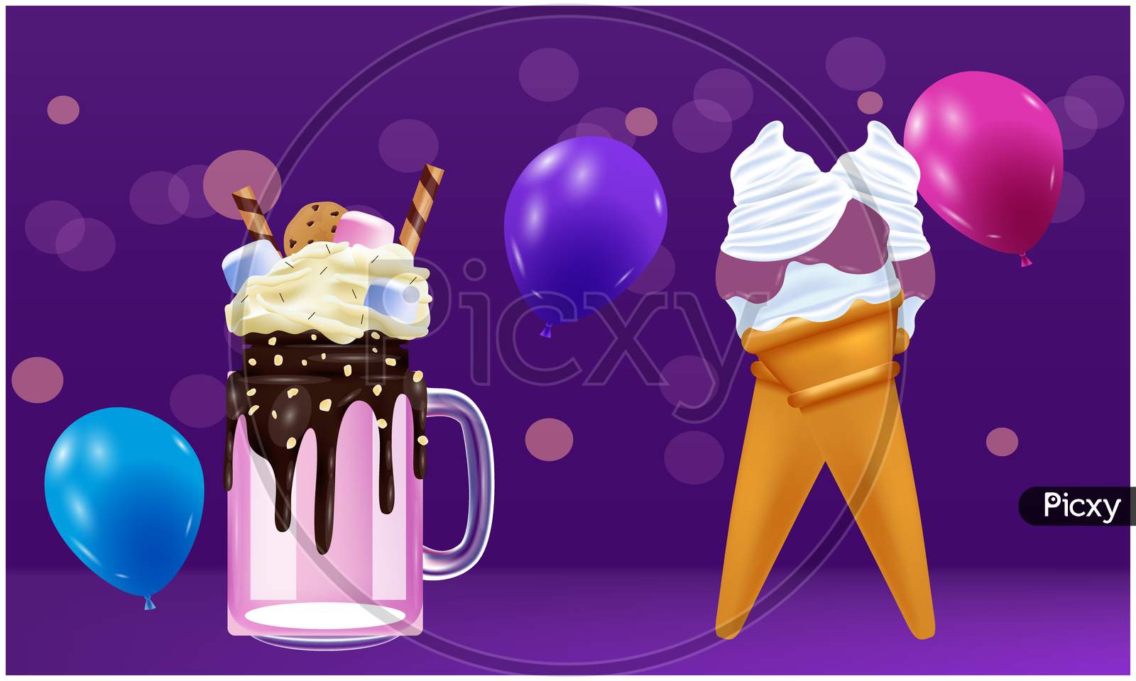 Mock Up Illustration Of Monster Shake And Ice Cream On Abstract Background