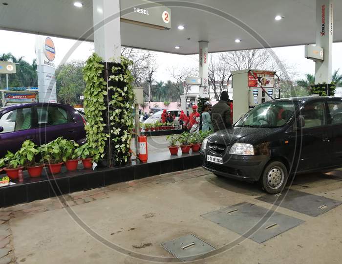 Car at petrol station for petrol and diesel