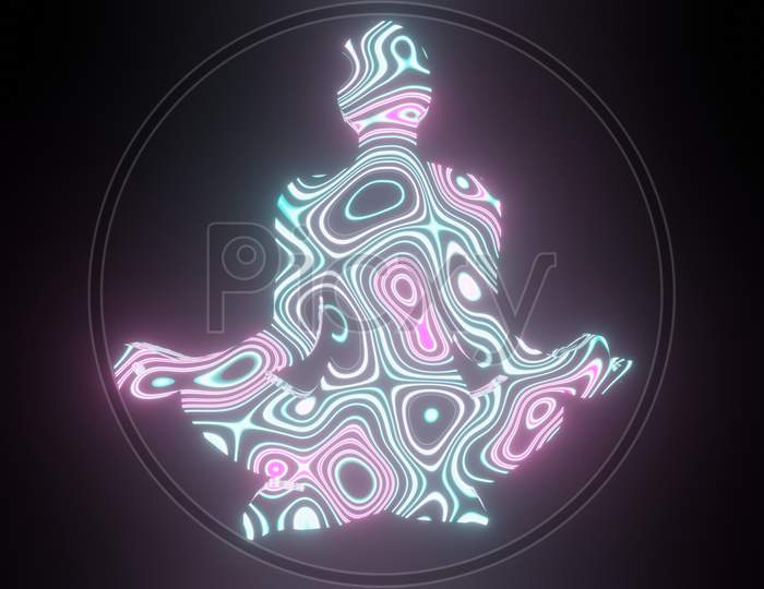 Illustration Graphic Of Beautiful Texture Or Pattern Formation On The Meditating Human Body Shape, Isolated On Black Background. 3D Rendering Abstract Loop Neon Lighting Effect On Person Body.