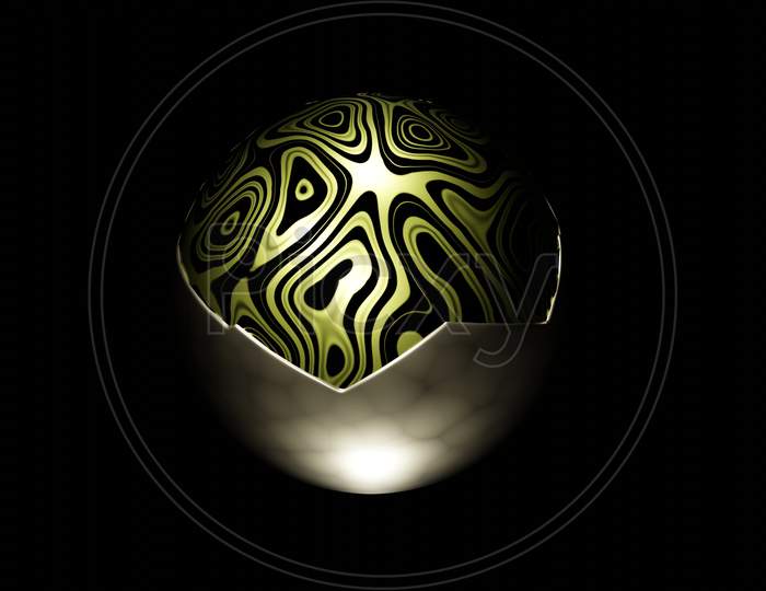 Illustration Graphic Of Abstract Seamless Loop Of 3D Render Metallic Sphere Or Circle Object And Shell, With Beautiful Texture Or Pattern And Studio Lighting, Isolated On Black Background.