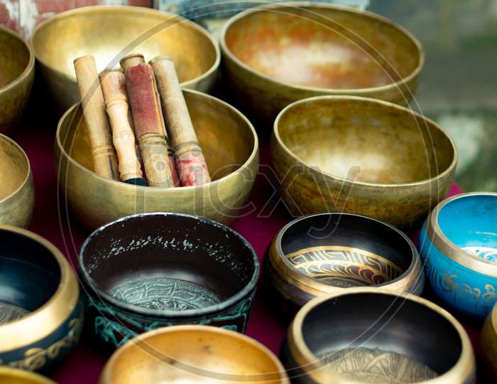 Brass Singing Musical Bowls Placed In A Shop In Mcleodganj Himachal Pradesh