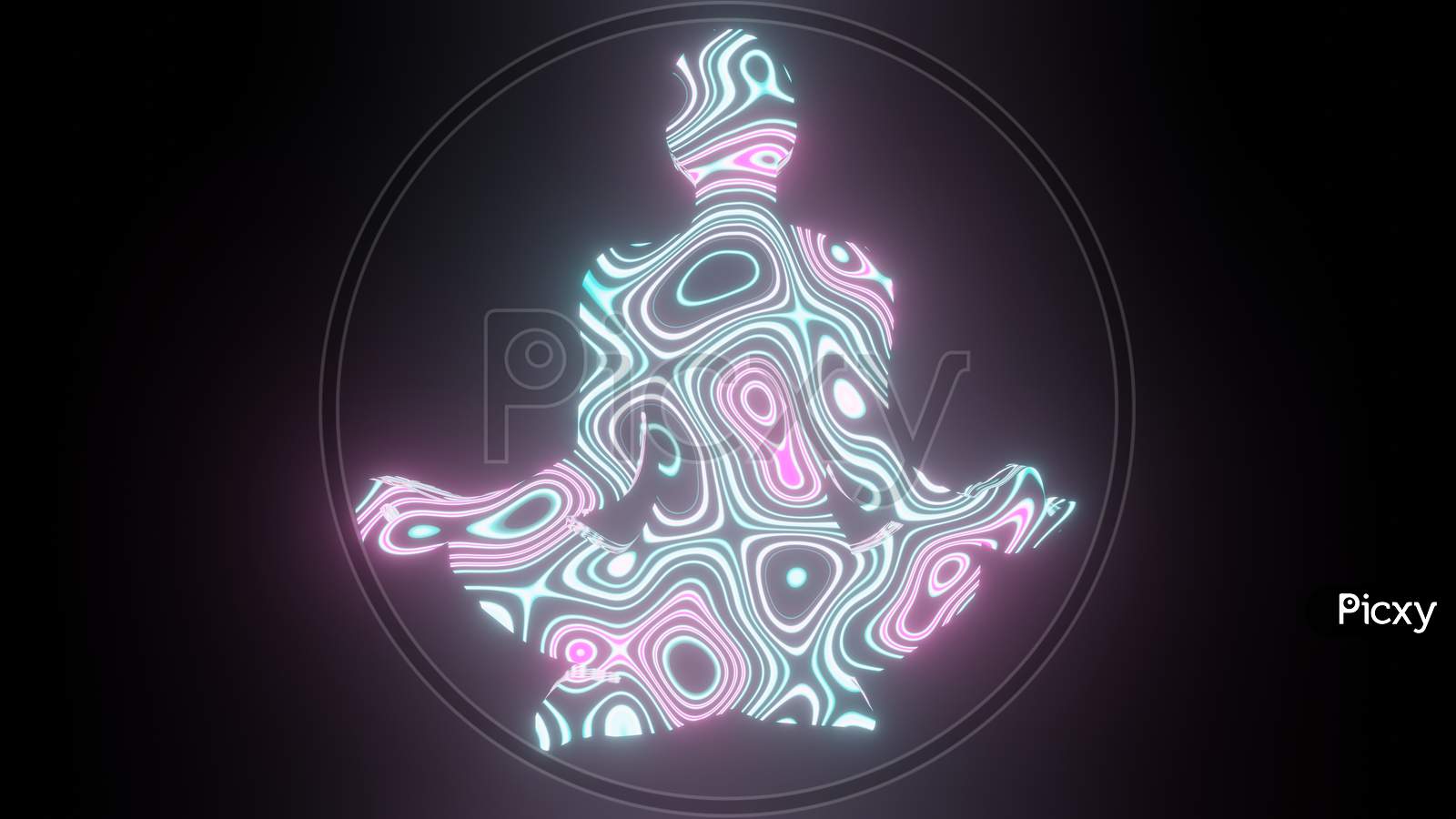 Illustration Graphic Of Beautiful Texture Or Pattern Formation On The Meditating Human Body Shape, Isolated On Black Background. 3D Rendering Abstract Loop Neon Lighting Effect On Person Body.