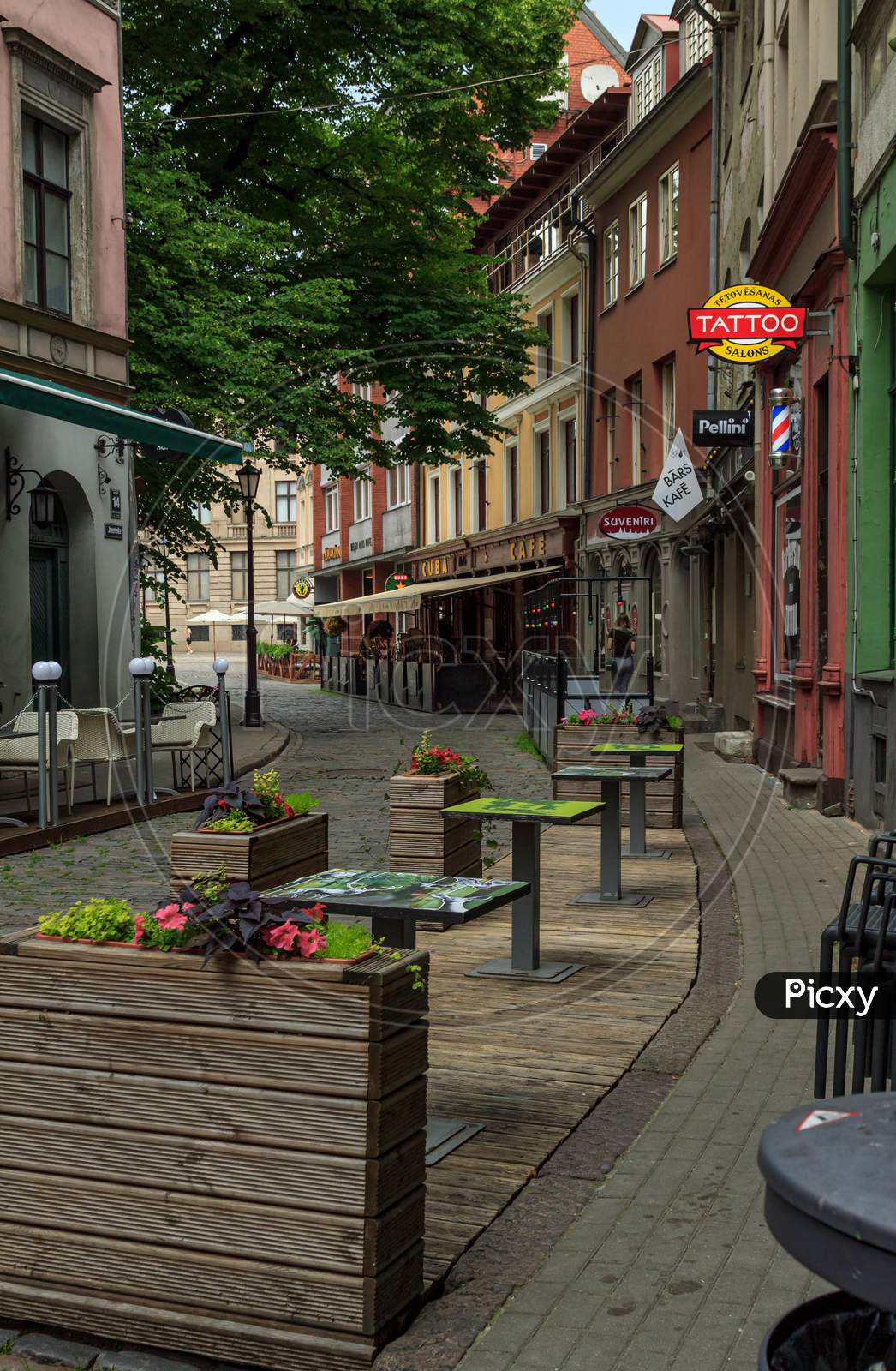 Old Riga City Tiny Pavement Street Outdoor Cafe