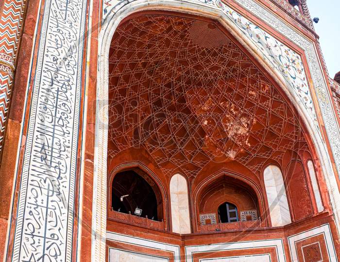 Architecture of entry gate and tomb inside for prayer at Taj Mahal. Taj Mahar also called as seven wonder of the world