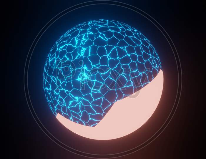 Illustration Graphic Of 3D Render Blue Wired Frame Plasma Sphere Or Circle And It'S Glowing Shell, Isolated On Black Background. Seamless Loop. Illustration Of Energy Ball With Shell.