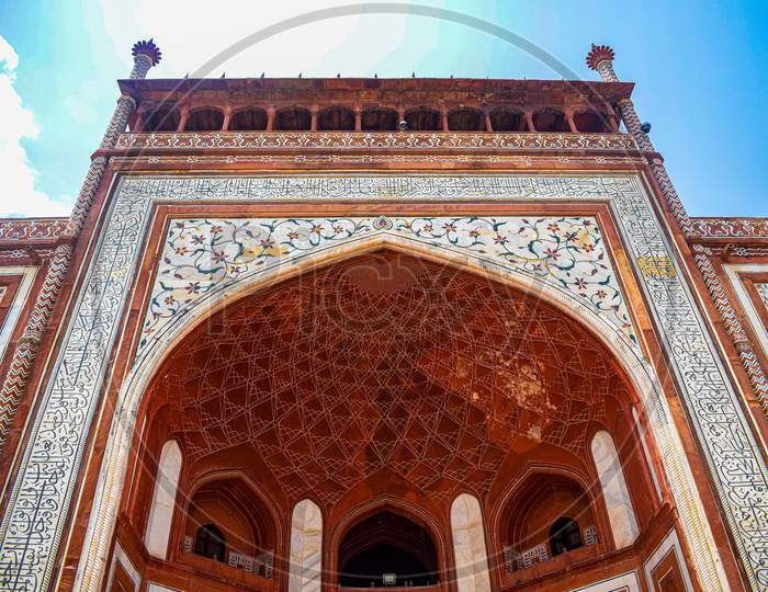 Architecture of entry gate and tomb inside for prayer at Taj Mahal. Taj Mahar also called as seven wonder of the world
