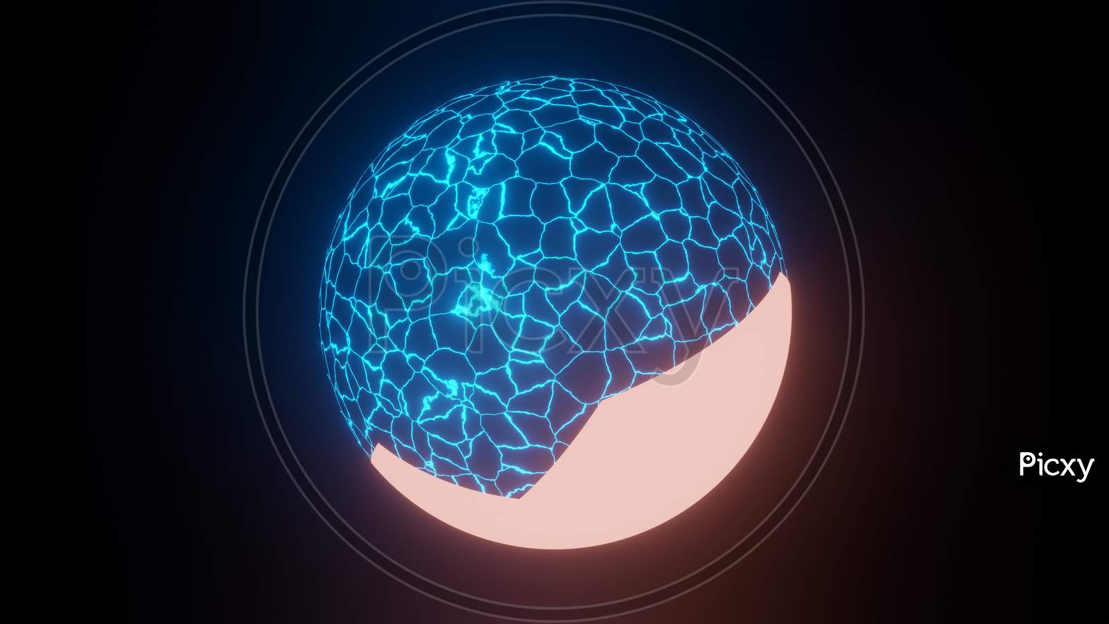 Illustration Graphic Of 3D Render Blue Wired Frame Plasma Sphere Or Circle And It'S Glowing Shell, Isolated On Black Background. Seamless Loop. Illustration Of Energy Ball With Shell.
