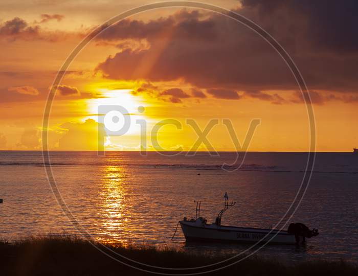 fishing boat in the sunset at Albion,Mauritius