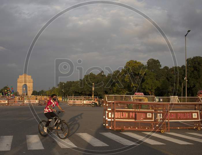 Cyclists Seen At India Gate, Rajpath, On  July 22, 2020 In New Delhi, India.