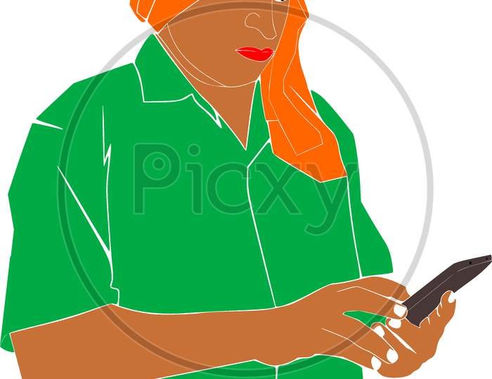 Indian Farmer Cartoon Operating Mobile Phone Illustration