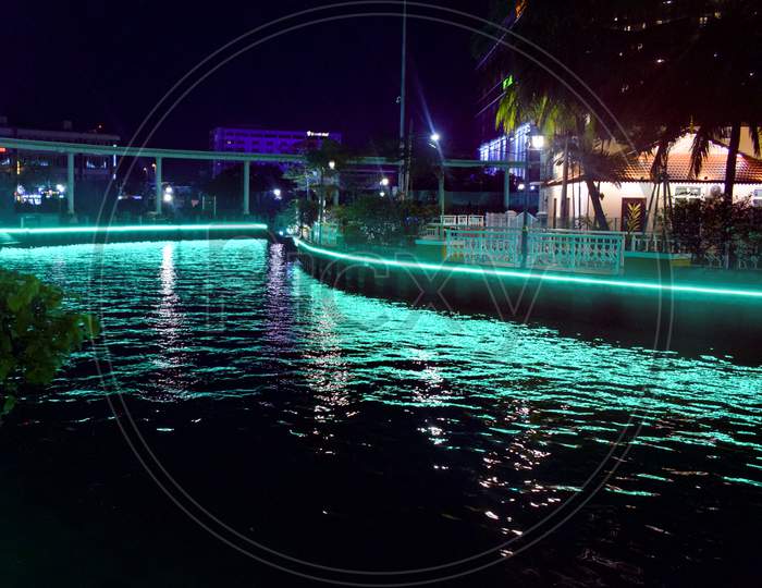 View of Malacca River at night, a popular nightlife spot with bars and music which is beautifully lit up, Night view of the Malacca River in Malacca (Melaka), Malaysia
