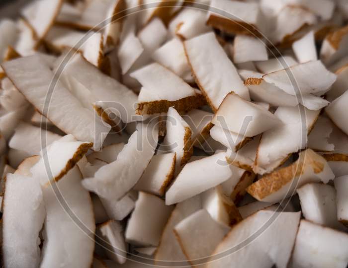 Top View Of Fresh Coconut Fibrous Meats Slices Group