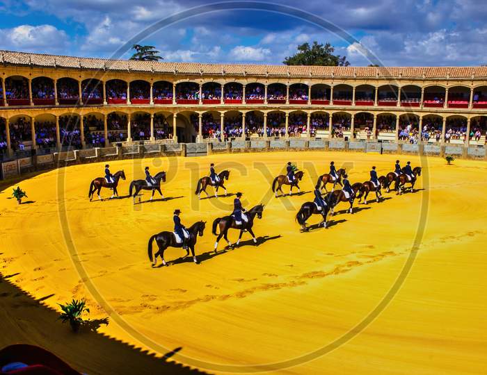 Ronda, Spain - September 06, 2015: Horse Show During Feria Season In Andalusia Celebrating Spectacular Pedro Romero Festival, A Celebration That Culminates In A Prestigious Bullfight.