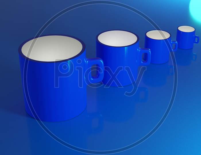 Four blue Cups Are Arranged in Decrementing Order 3D Rendered