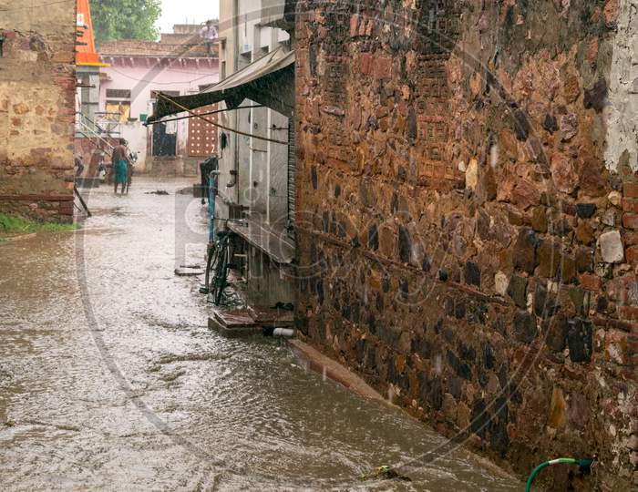 A waterlogged street during a heavy rainfall in monsoon season in Bharatpur