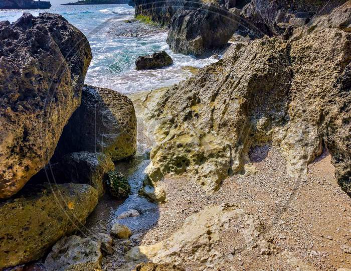 Rock coastline. Stone arch over the sea. Broken beach, Nusa Penida ,Indonesia, This is Broken Beach and Billabong Beach near the same spot on the island of Nusa Penida Near Bali in Indonesia