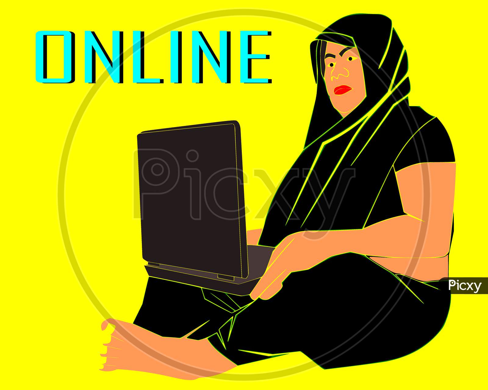 Indian Village Woman Technology Awareness About Computer Education Illustration.