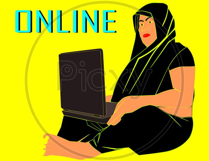 Indian Village Woman Technology Awareness About Computer Education Illustration.