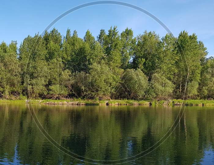 Beautiful Scenery Of A Range Of Green Trees Reflecting In The Lake