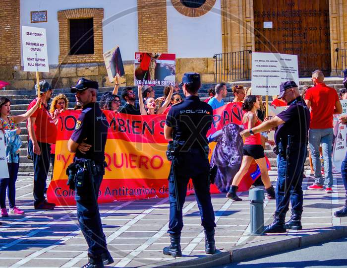 Ronda, Spain - September 06, 2015: A Protest Against Animal Cruelty During Feria Season. Protesters Are Opposing Toro Festival In Andalusia Which Consists Bullfight